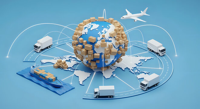 Global logistics and supply chain management world trade distribution network transportation illustration on transparent background