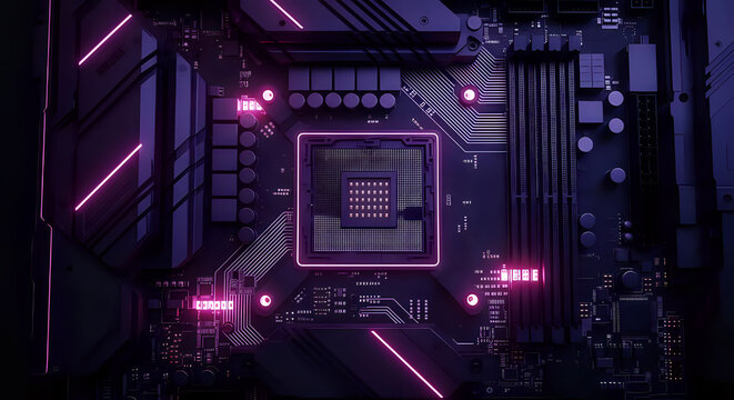 Motherboard pc gaming computer components hardware technology electronics cpu socket purple neon lights on transparent background