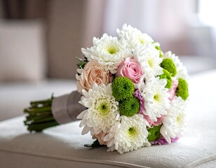 Close-up shot showcasing a bridal bouquet with white, pink, and green blossoms, tied with ribbon