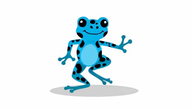 Cute cartoon blue spotted frog character dancing and waving on white background.