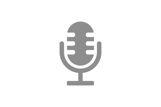 Gray microphone icon for audio recording, podcasting, and voice isolated on transparent background