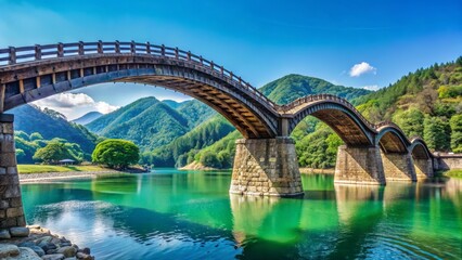 Obraz premium Iconic arched wooden bridge spanning a vibrant green river surrounded by lush mountains
