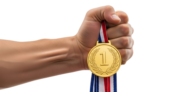Close-up of a hand holding a gold medal, symbolizing achievement and victory