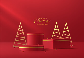 Red 3D cube, cylindrical podium merry Christmas background with golden Christmas tree scene. Minimalist Platforms mockup pedestal design. Abstract stands product display presentation. Stage showcase.