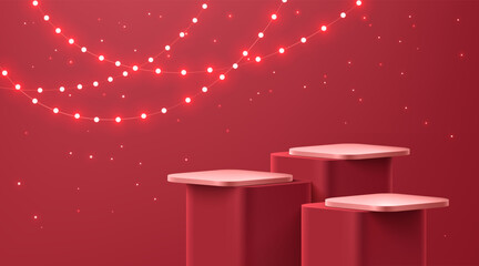 Realistic 3D red cube podium set with Hanging light bulbs, Glowing glitter scene. Minimalist Platforms geometric mockup pedestal design. Abstract stands product display presentation. Stage showcase.