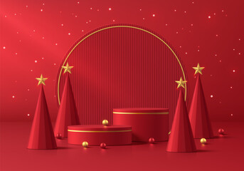 Red 3D cylindrical podium merry Christmas background with Christmas tree, Glow glitter scene. Minimalist platforms mockup pedestal design. Abstract stands product display presentation. Stage showcase.