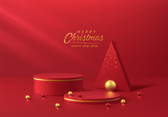 3D red cylindrical podium merry Christmas new year background with gold ball scene. Minimalist geometric platforms mockup pedestal design. Abstract stands product display presentation. Stage showcase