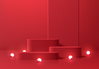 Red 3D round podium Christmas new year background with glowing neon ball scene. Minimalist geometric platforms mockup pedestal design. Abstract stands product display presentation. Stage for showcase.