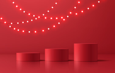 3 Red 3D cylindrical podium Christmas new year background with Hanging light bulbs scene. Minimalist platforms mockup pedestal design. Abstract stands product display presentation. Stage for showcase.