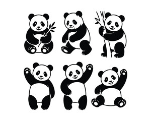 Obraz premium panda silhouette, panda climb on bamboo, panda with bamboo leaf, Sitting panda, standing panda, lying panda, panda vector design, panda illustration set, panda collection, cute panda vector, black and
