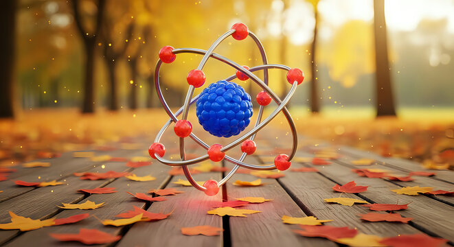 Atom model in autumn leaves science education physics chemistry learning molecular structure research study 3d on transparent background