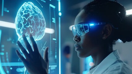 A woman in futuristic glasses interacts with a glowing holographic brain display in a high-tech lab. - Powered by Adobe