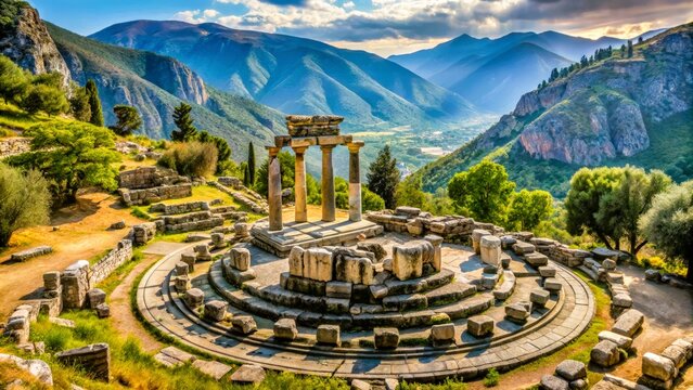 Ancient greek ruins of delphi nestled in a dramatic mountain landscape
