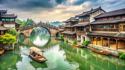 Ancient chinese water town with stone bridge and boat