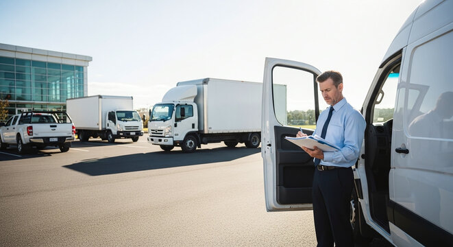 A businessman in a suit checks his clipboard outside a delivery truck with other trucks in the background