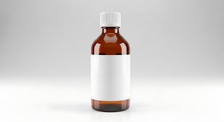 Obraz premium Amber glass medicine bottle with blank white label for product mockup design.