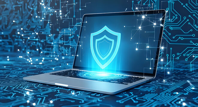 Cybersecurity laptop with shield for network security and data protection against cyber threats online safety on transparent background