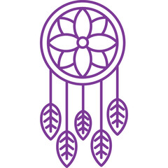 Purple Outline Dreamcatcher With Five Leaf Feathers Hanging Down Isolated On White Background Graphic Design Element
