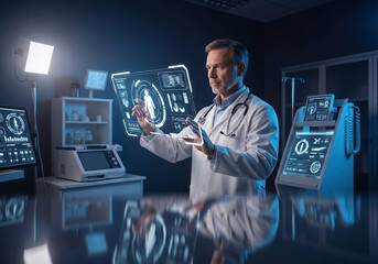 Doctor examining futuristic holographic medical scan in a modern laboratory with advanced technology