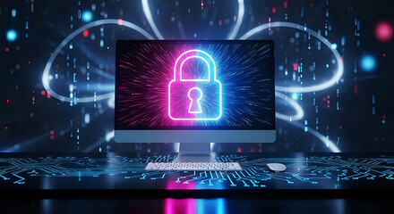Secure digital world glowing padlock symbol on computer screen, cybersecurity concept, data protection
