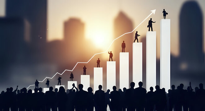Business growth visualized with ascending bar chart and silhouetted figures reaching success