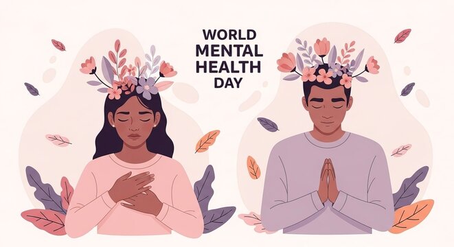 World mental health day illustration celebrating diversity and inner peace with floral crowns and thoughtful expressions - Powered by Adobe