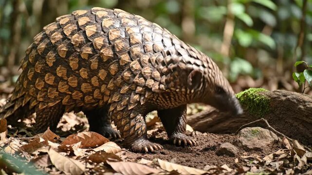 A pangolin with brown scales sniffs the ground in a forest setting surrounded by dry leaves and greenery