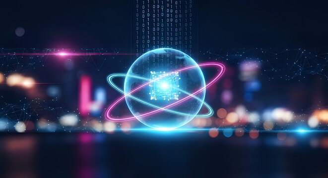 Futuristic digital globe with orbiting neon rings and binary code streams