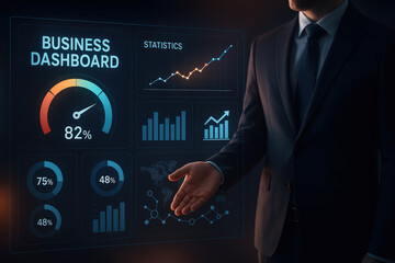Man in suit pointing at a business dashboard with performance metrics and analytics graphs businessman