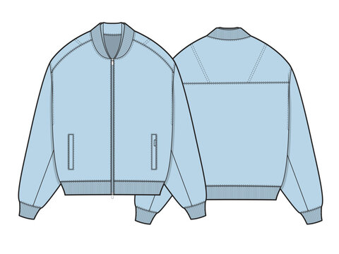 Varsity jacket front and back view technical drawing vector template.