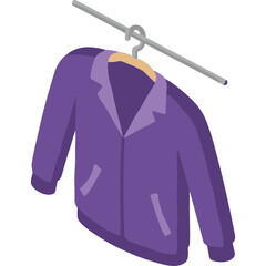 Purple jacket with pockets hanging on a hanger against a neutral background isolated on white with soft shadows