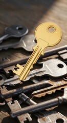 A close-up of a set of keys including a prominent gold-colored key with a circular hole, resting on a rustic wooden surface among other metallic keys and keychains