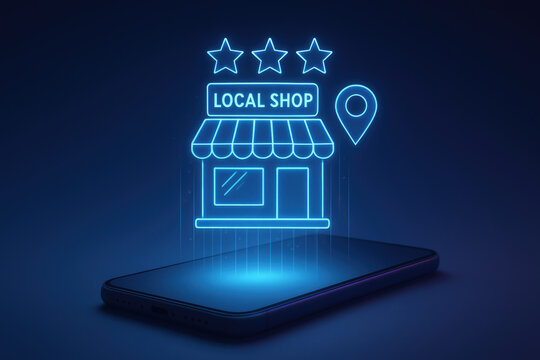 Mobile phone projecting a neon blue hologram of a local shop with stars and a location pin store business