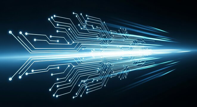 Abstract glowing blue digital circuit board pattern with light trails on a dark background