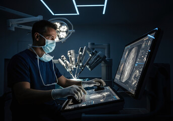 Surgeon in mask and gloves operating robotic surgical system with 3d monitor displaying brain scan
