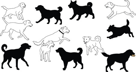 Dog silhouettes, black and white, walking, running, standing, bone carry, pet poses, vector icons, canine motion, outline fill, grid layout