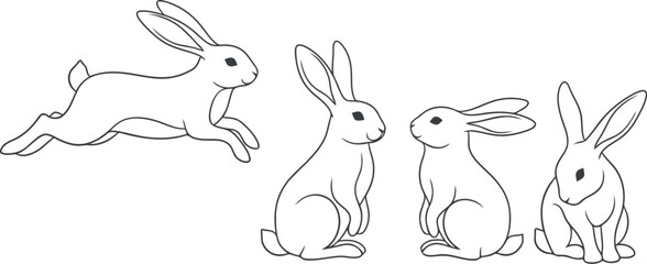 Whimsical line drawing of four playful bunnies in various poses
