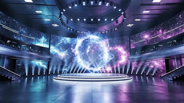 A stage with lighting faces an audience large screens displaying blue  purple nebulas flank the space