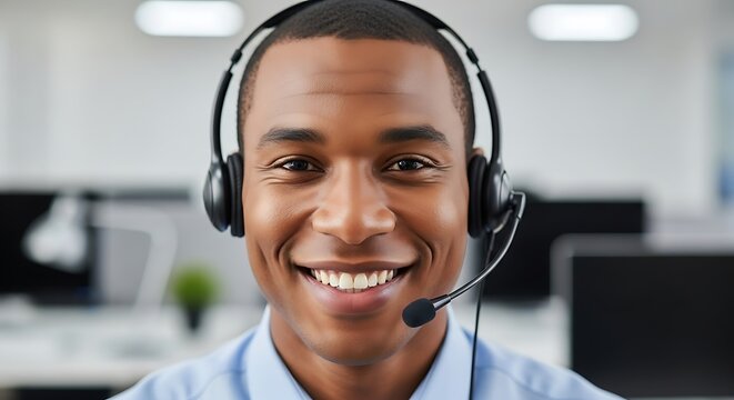 Positive and approachable customer service representative with a headset smiles confidently, ready to provide excellent support and build client connections in a dynamic office