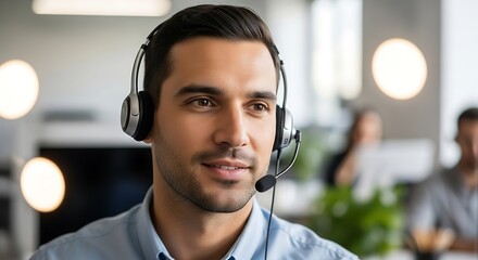 Happy Male Customer Service Representative with Headset in Bright Office Environment