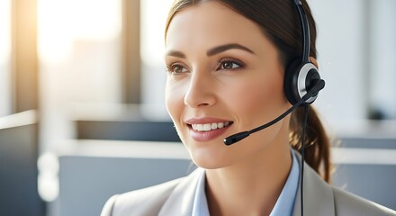 Professional call center agent with headset smiling and looking to the side in a well-lit office environment