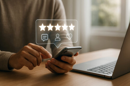 Person giving a five star rating on a smartphone with a laptop in the background review feedback