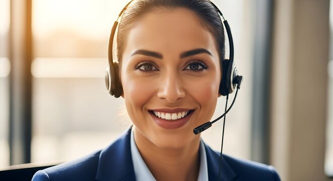 Smiling female customer service representative wearing a headset, looking directly at the camera with a friendly and approachable expression, ready to assist clients