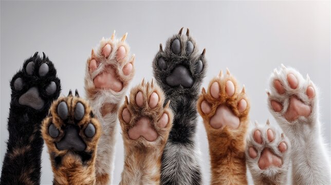 Diverse pet paws raised up cat dog selection voting choice unity animal rights community concept democracy equality close up - Powered by Adobe
