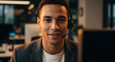 Close-up portrait of a young man wearing a headset, smiling at the camera in a modern office environment