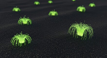 Abstract glowing green organisms on a dark surface a conceptual illustration of bioluminescence suitable for science and technology themes