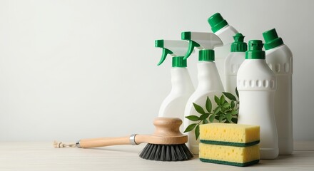 Collection of eco friendly cleaning supplies including spray bottles sponges and brushes on a white background