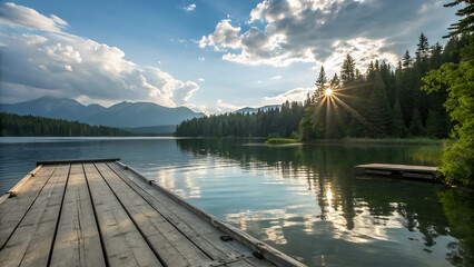 Scenic view of a serene lake with a wooden pier, surrounded by lush green trees and majestic mountains under a cloudy sky with sun rays at sunset