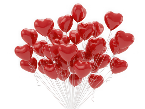  A collection of red heartshaped balloons floating upwards, isolated on a transparent background, perfect for celebrations