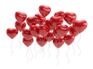A collection of red heartshaped balloons floating upwards, isolated on a transparent background, perfect for celebrations